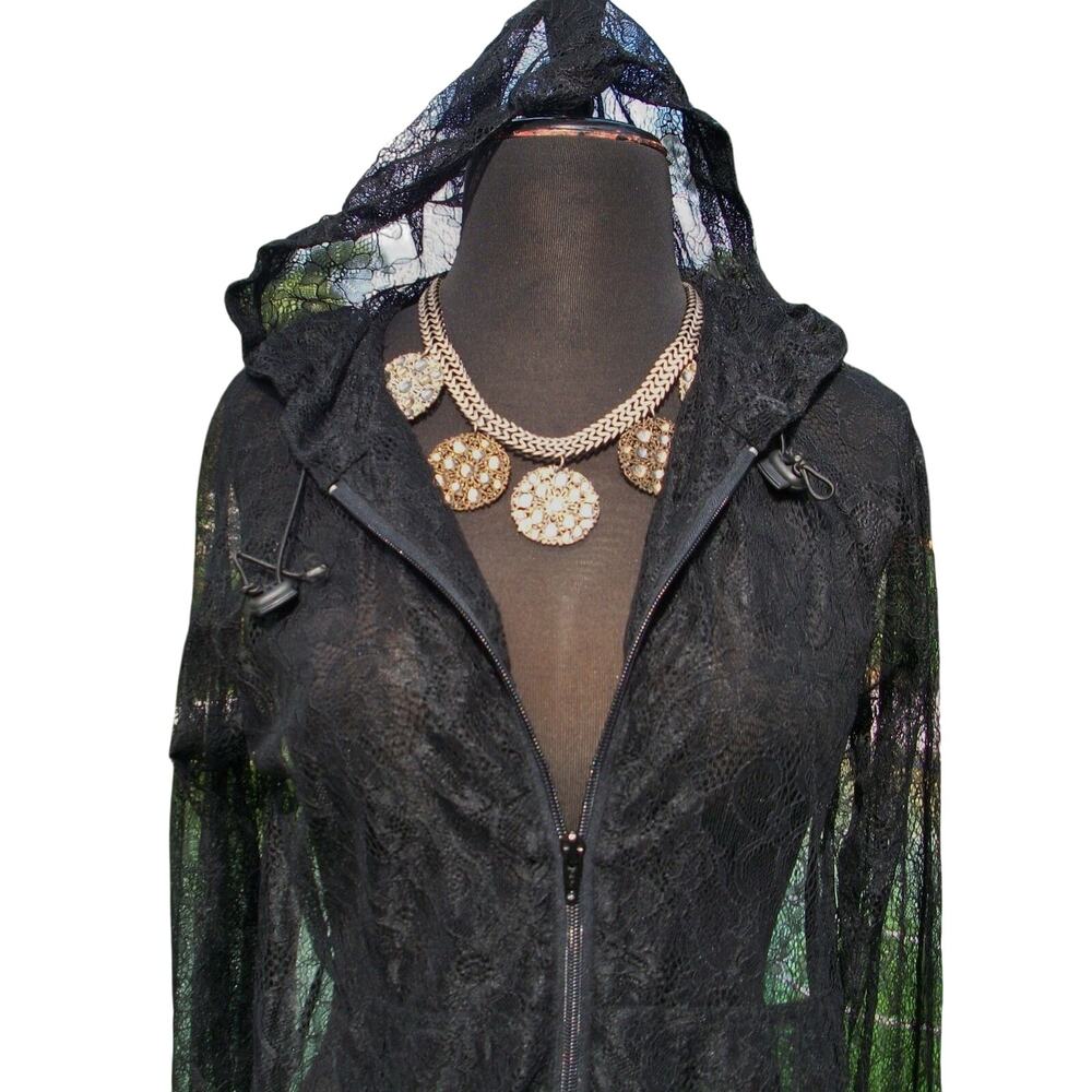 Cache Black Peek A Boo Lace Hoodie Front Zip Cover Up Top  New NWT $148